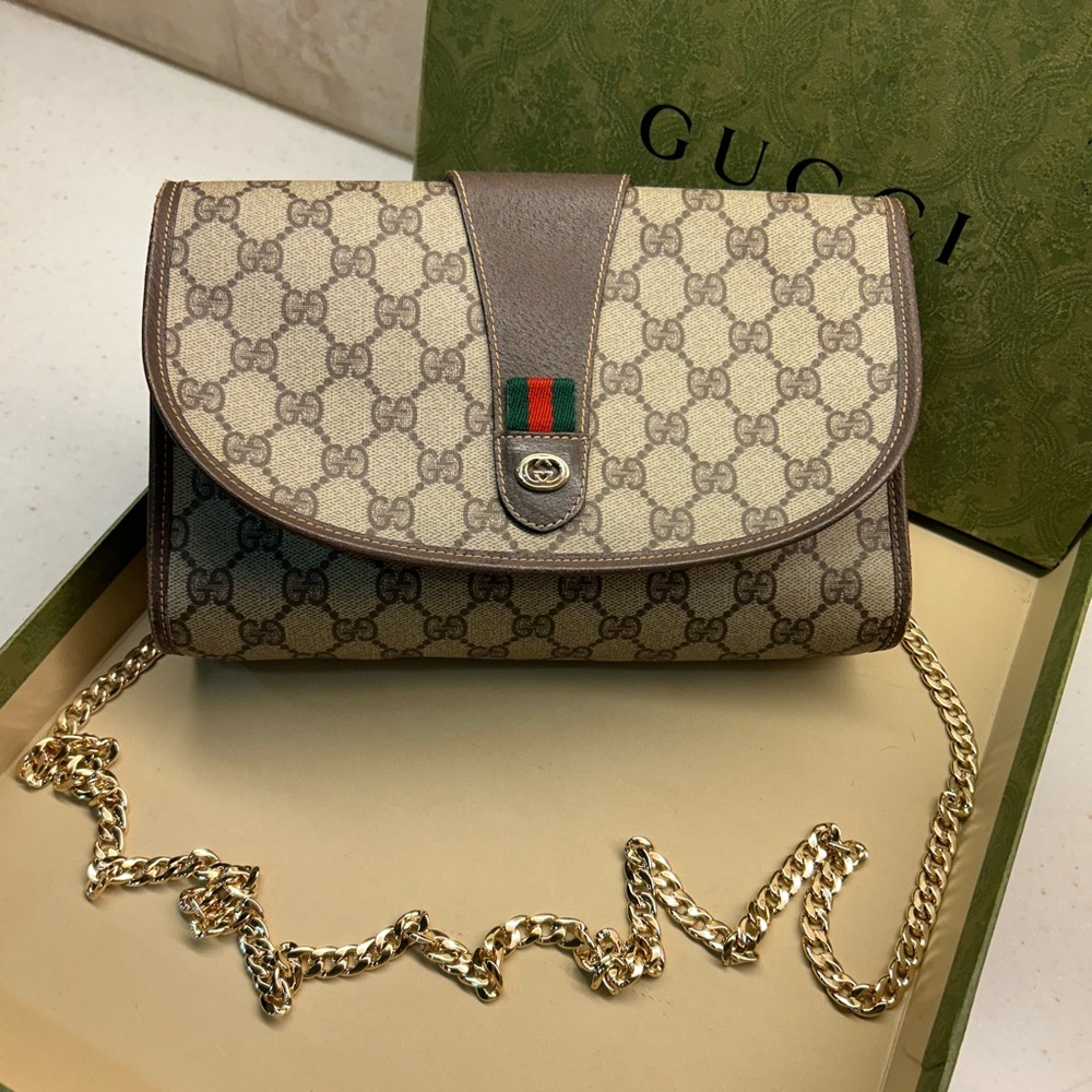 Gucci Beige and Brown Crossbody Bag with Gold Chain